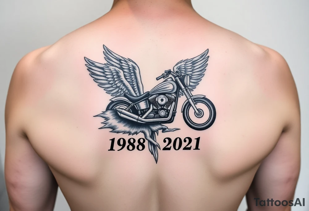Dale Earnhardt car on it with the year 1958 - 2021 intertwined with a motorcycle on it with guardian angel wolves tattoo idea