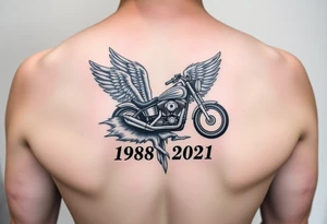 Dale Earnhardt car on it with the year 1958 - 2021 intertwined with a motorcycle on it with guardian angel wolves tattoo idea
