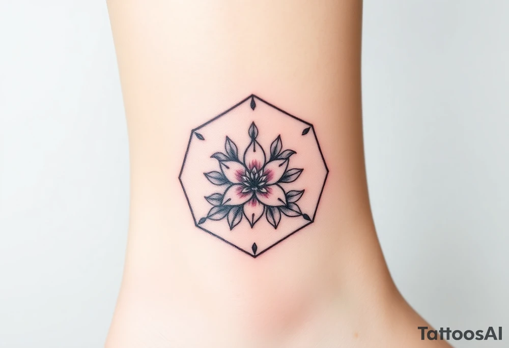 Faint Hexagon with Leo, larkspur and water lilies in the center tattoo idea
