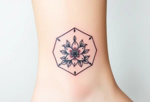 Faint Hexagon with Leo, larkspur and water lilies in the center tattoo idea