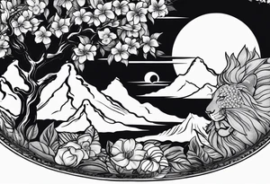 Tree, Sun, Arabian Jasmine, Lion, Books, Peacock feather, a Plate with rice, yellow lentils and potato fries, Hibiscus flower, and Sun coming from behind mountains tattoo idea