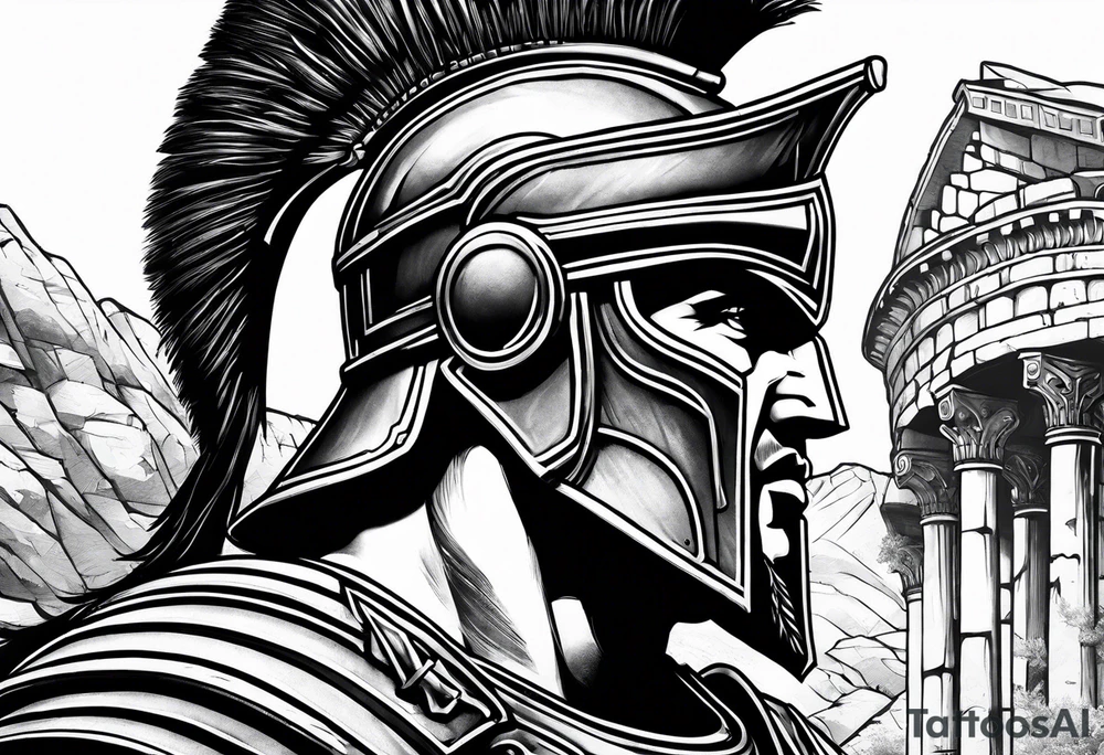 Close up of spartan solider face looking left at distant roman ruins tattoo idea