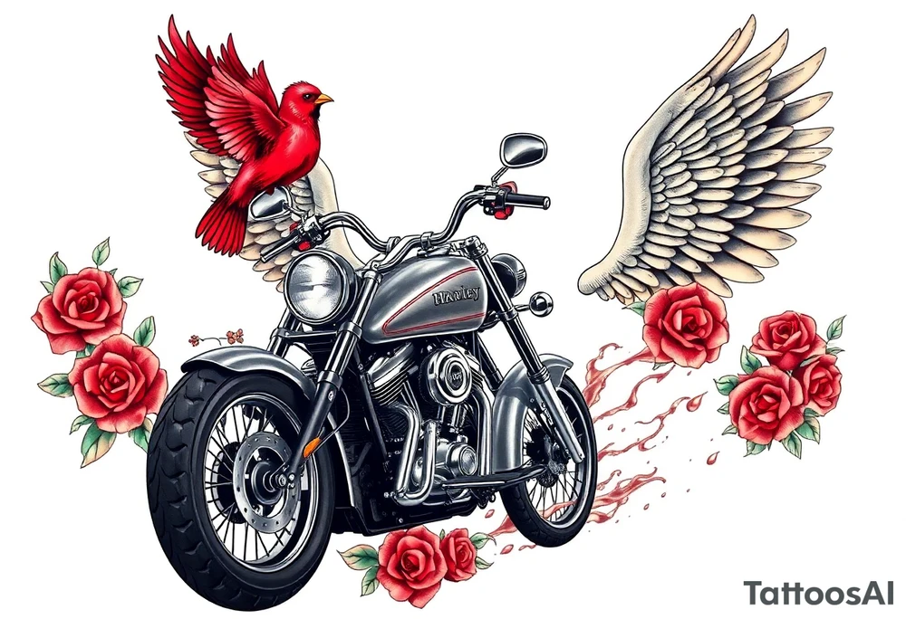 Harley grey motorcycle driving away, two red birds flying, roses, flames, angel wings tattoo idea