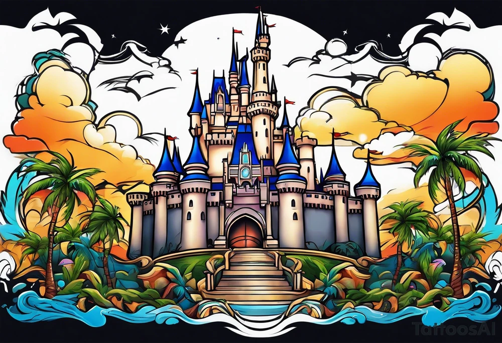 disney castle palm tree tattoo idea