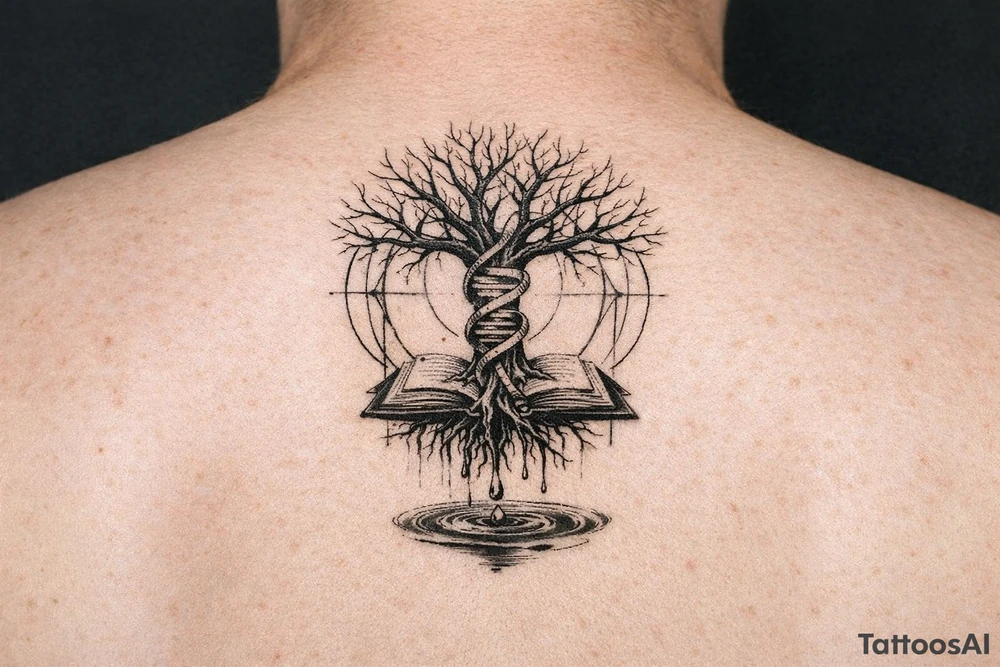 tree with dna spiral for trunk and bare branches, roots sprouting from an open book, water dripping from roots into a puddle, and geometric circles surrounding design tattoo idea