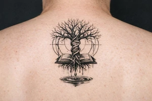 tree with dna spiral for trunk and bare branches, roots sprouting from an open book, water dripping from roots into a puddle, and geometric circles surrounding design tattoo idea
