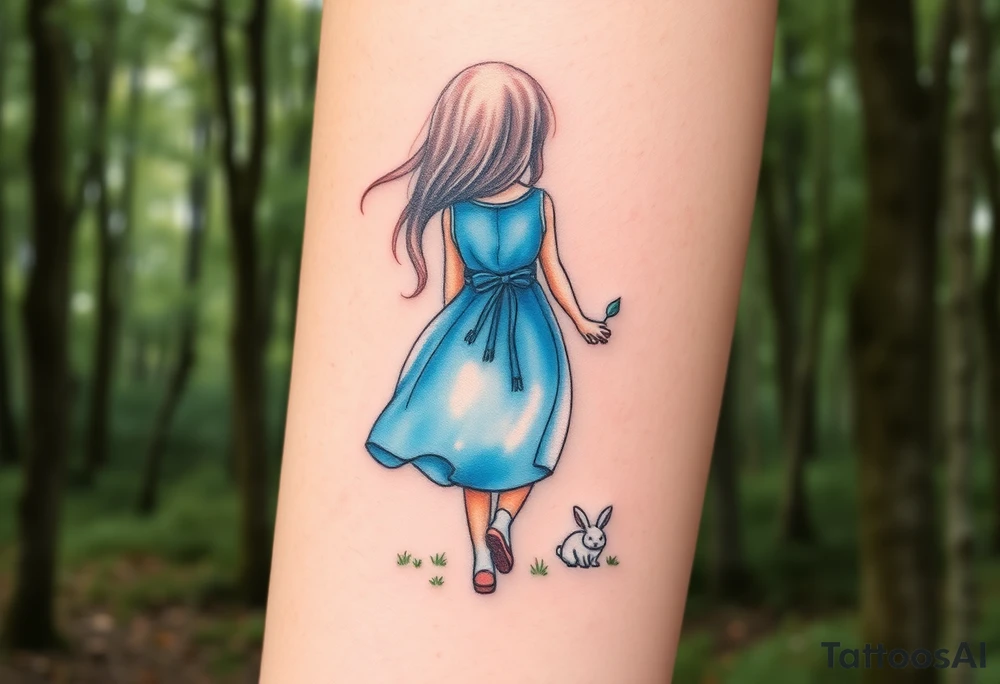 Back view of a girl in a blue dress walking in a forest following a small white rabbit. A pocket watch on top of the scene, falling amongst the trees tattoo idea