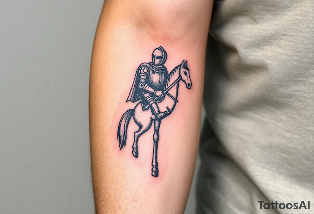 2d medieval woodcut knight on a childs hobby horse head stick toy tattoo idea