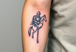 2d medieval woodcut knight on a childs hobby horse head stick toy tattoo idea
