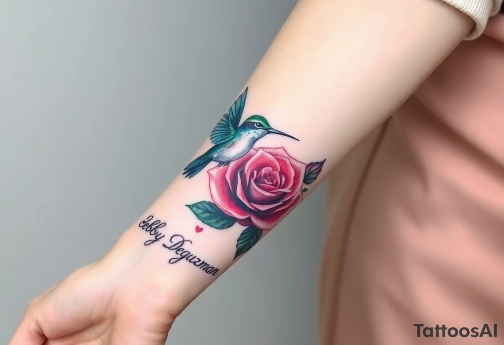 A tattoo on the forearm with the name Debby Deguzman with a humming bird and a rose tattoo idea