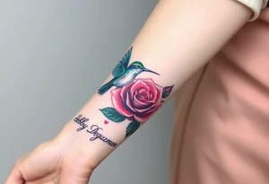 A tattoo on the forearm with the name Debby Deguzman with a humming bird and a rose tattoo idea