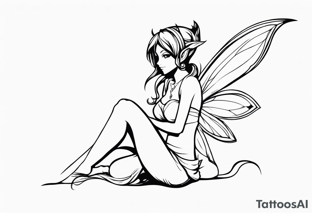No color sketch of a fairy with a tail inspired by the guild symbol in the anime show called Fairy Tail in a fetal position leaning in and forward while crawled in tattoo idea