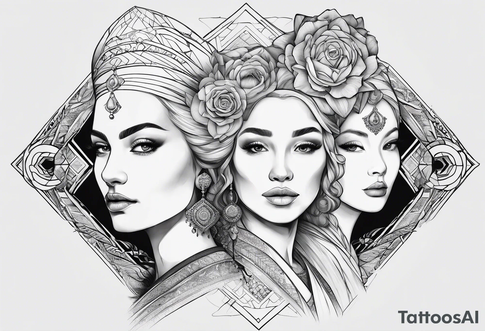 three person side by side. a really young Daughter on the left, mother in the middle, really old grandmother on the right. greater age difference tattoo idea