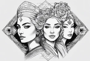 three person side by side. a really young Daughter on the left, mother in the middle, really old grandmother on the right. greater age difference tattoo idea