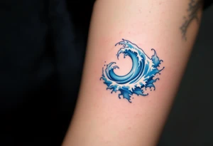 A stylized spiral composed of blue waves and white foam, capturing the movement of the ocean. tattoo idea