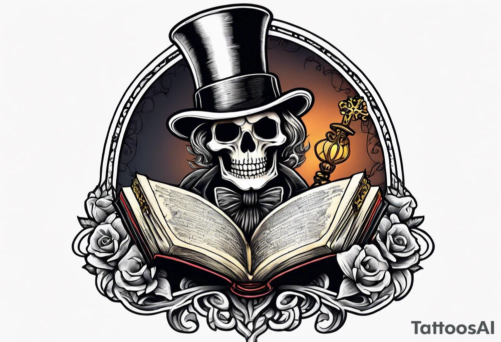 skeleton wearing a top hat holding a holy bible tattoo idea