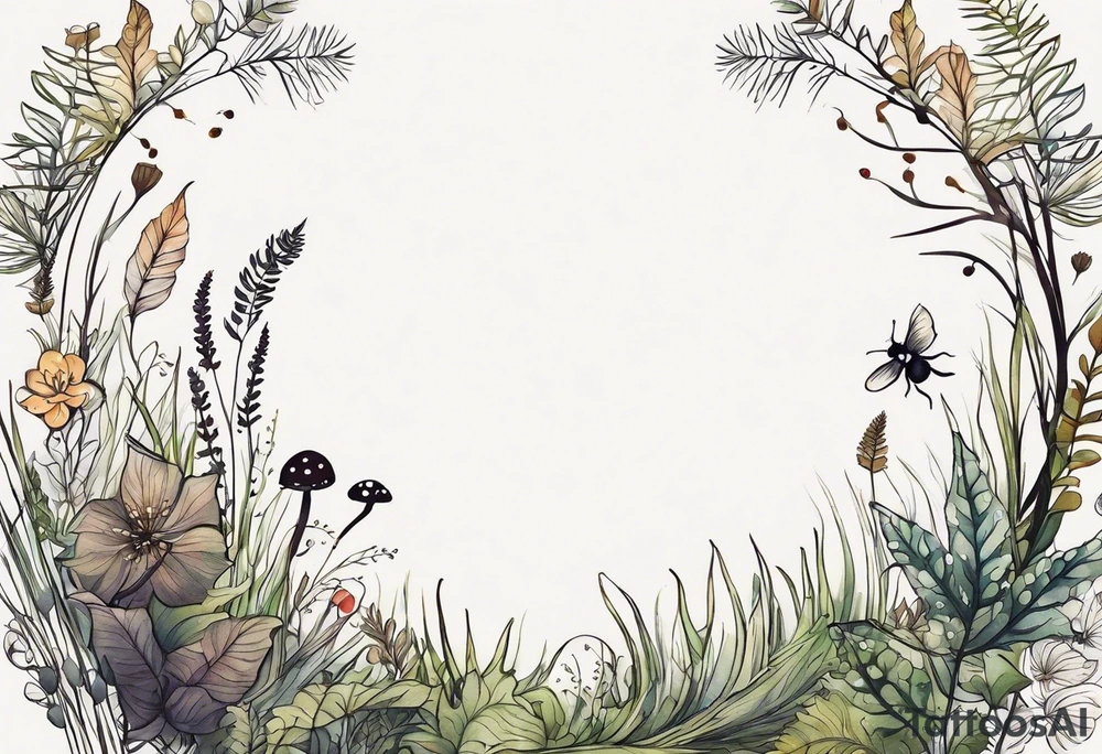 forest floor inspired minimalist tattoo, which includes grass, curly ferns, moss and dead leaves as the bulk of the tattoo. details to include: forest berries, a tiny bumblebee flying nearby, three small brown mushrooms
Generate a vertically long one tattoo idea
