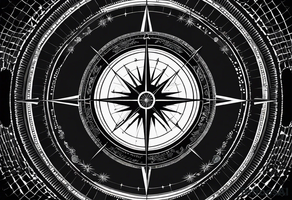Compass Rose: Positioned on the shoulder with long straight lines radiating outward in all directions.
Lines: Transform into latitude and longitude lines further down the arm, creating a detailed backdrop.
Diver: In the foreground, a diver facing forward, with hands out as if holding a ball.
Silhouette: Instead of a ball, a small scuba diver's silhouette swimming upward between the diver's hands. tattoo idea