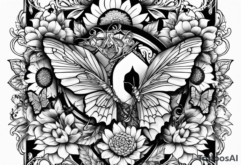 Winged cross with sunflower and butterflies tattoo idea