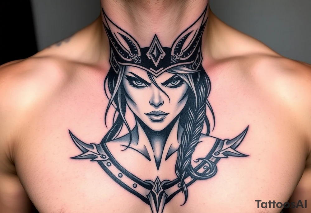 Feminine Tattoo dark female warrior with horns just barley touching collarbone with a lot of shading tattoo idea
