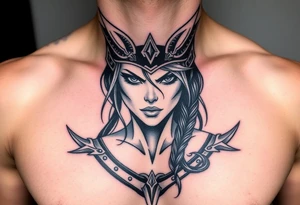 Feminine Tattoo dark female warrior with horns just barley touching collarbone with a lot of shading tattoo idea
