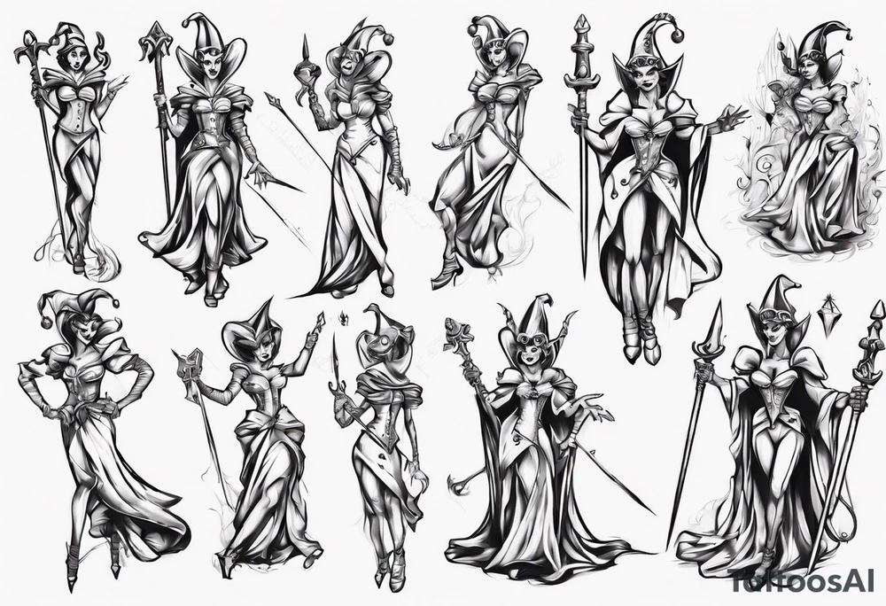 Fantasy female court jester holding sword tattoo idea