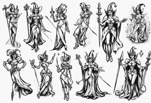 Fantasy female court jester holding sword tattoo idea