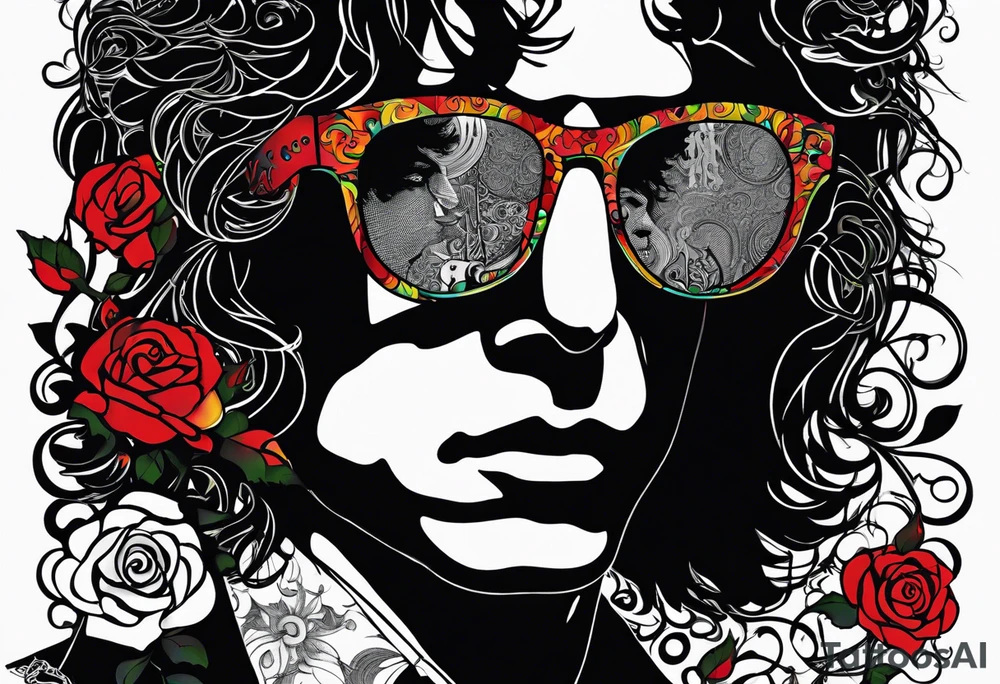 The existing tattoos (Jim Morrison portrait and quote)
Janis Joplin's round glasses
Hendrix-style guitar
Roses intertwined with psychedelic shapes
Classic rock lyrics in elegant script
Abstract Beatles references (like silhouettes or musical notes) tattoo idea