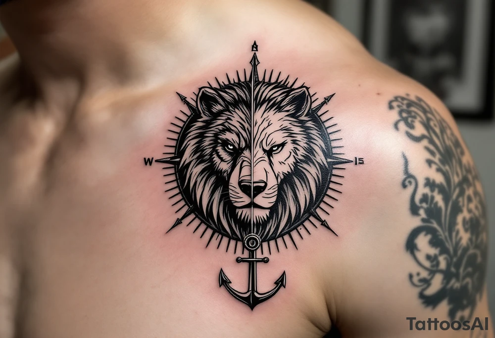 1/3wolf 1/3bear 1/3 lion surrounded by a compass with a small anchor on bottom. for sleeve tattoo idea