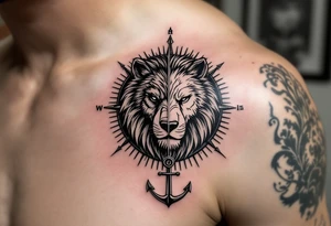 1/3wolf 1/3bear 1/3 lion surrounded by a compass with a small anchor on bottom. for sleeve tattoo idea