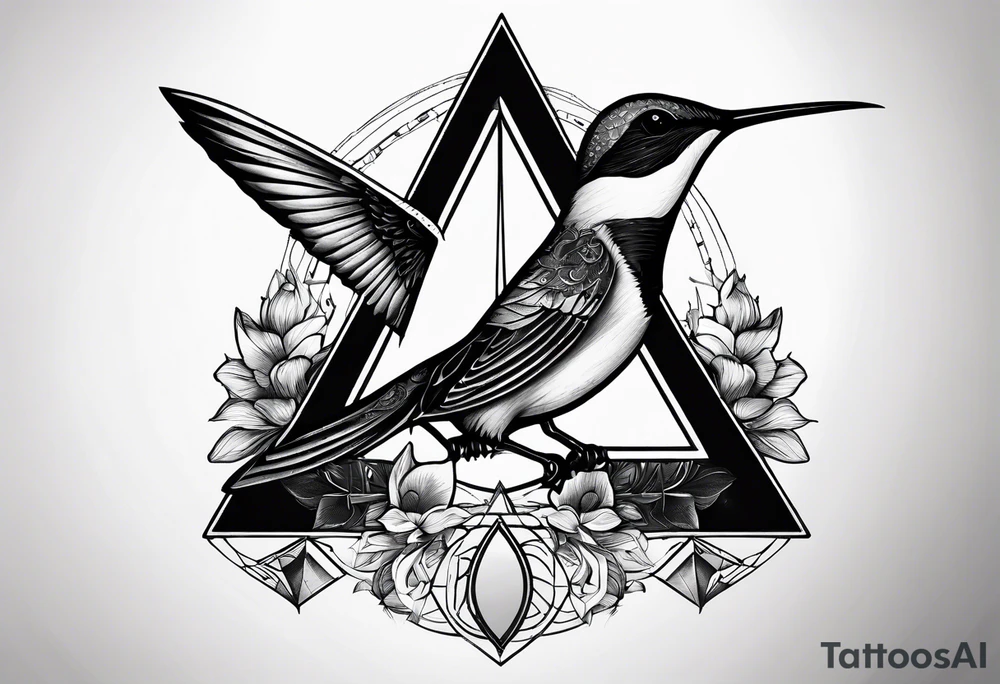 Two triangles with one unclosed, crescent moon, compass, one hummingbird tattoo idea