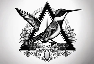 Two triangles with one unclosed, crescent moon, compass, one hummingbird tattoo idea