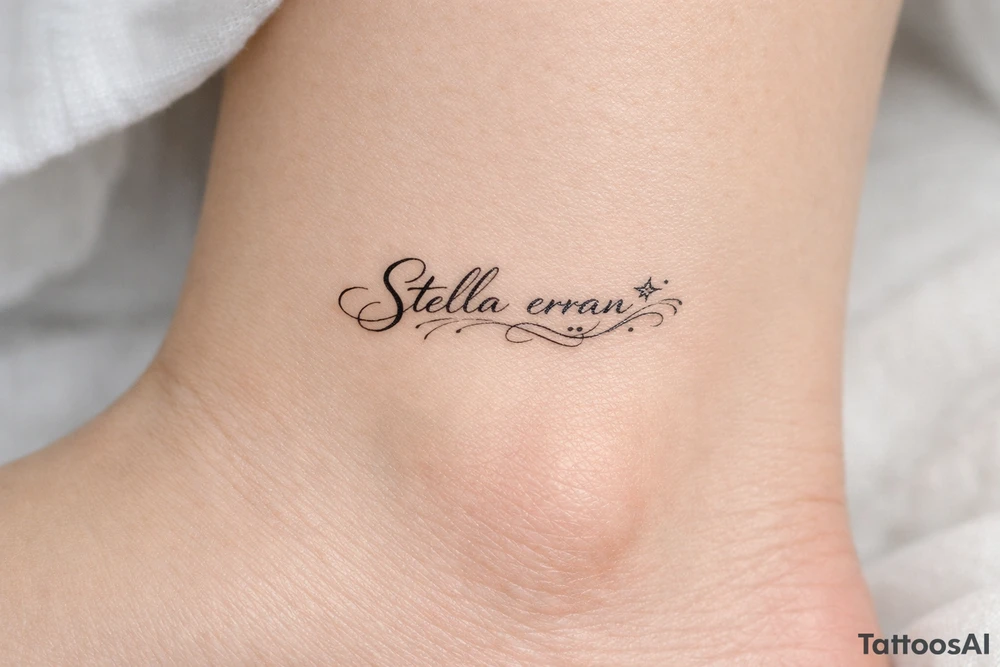 Delicate calligraphy of Stella erran on the inner ankle tattoo idea