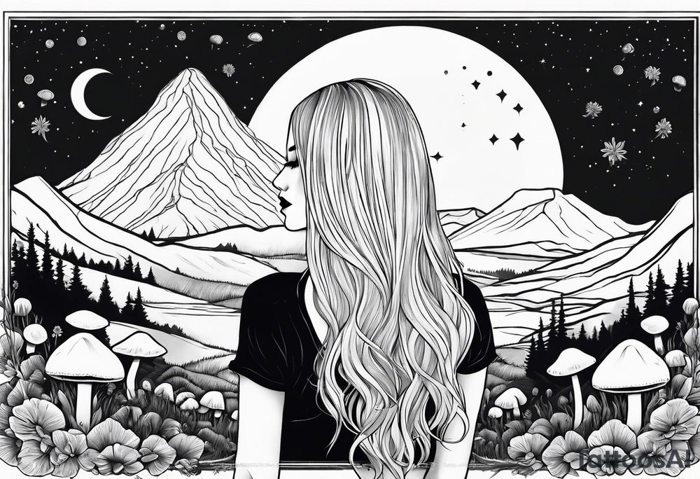 Straight blonde hair girl facing away mountains surrounded by mushrooms crescent moon circular design tattoo idea