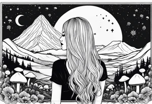 Straight blonde hair girl facing away mountains surrounded by mushrooms crescent moon circular design tattoo idea