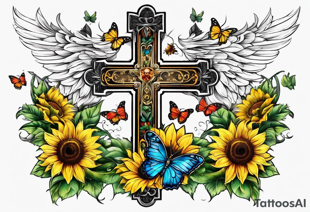 Winged cross with sunflower and butterflies tattoo idea
