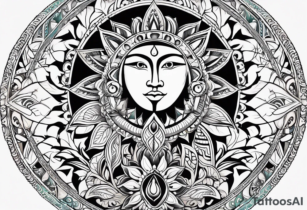 sacred moon and sun painted with Anishinaabe floral all over tattoo idea