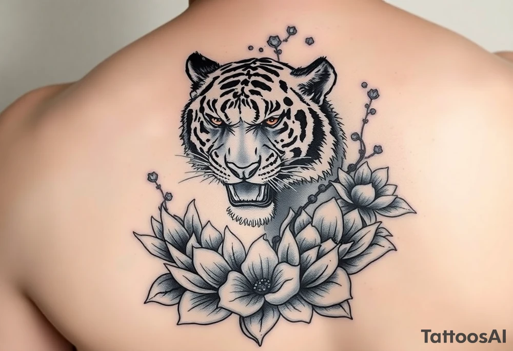 fierce tiger emerging through blooming lotus flowers in mist tattoo idea