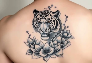 fierce tiger emerging through blooming lotus flowers in mist tattoo idea
