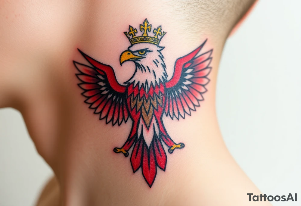 A majestic red and white Moravian eagle with golden crown on its head with intricate tribal patterns tattoo idea