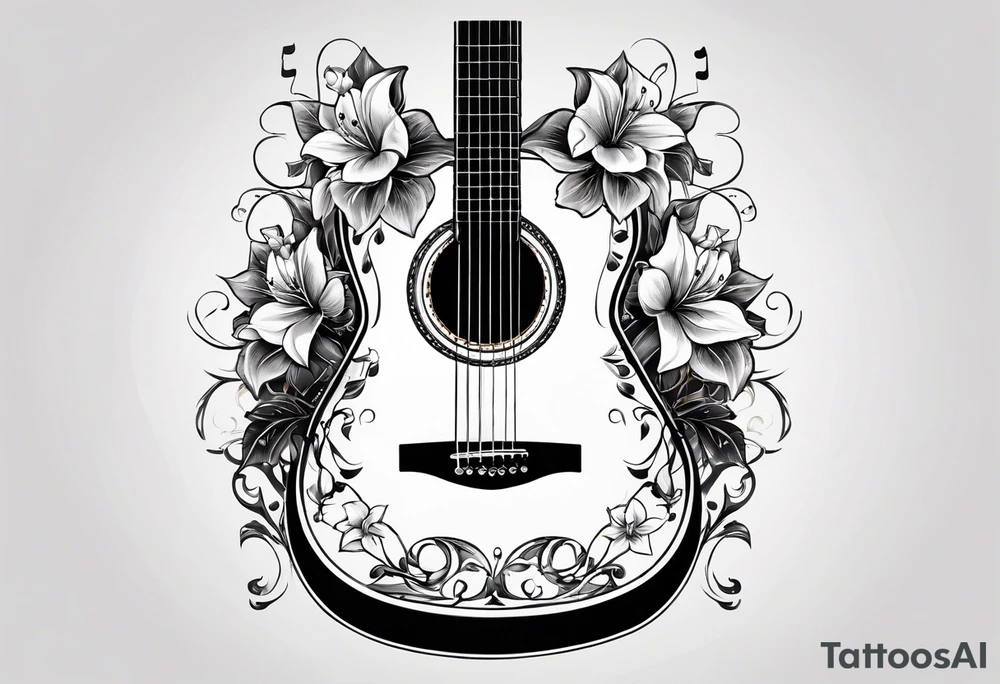 basic black acoustic guitar wrapped with lilies around the neck, with a simple black star on the guitar body. meant for the inside of a woman's bicep tattoo idea