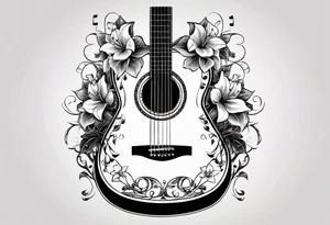 basic black acoustic guitar wrapped with lilies around the neck, with a simple black star on the guitar body. meant for the inside of a woman's bicep tattoo idea
