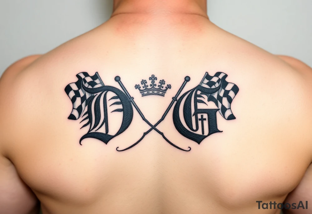 Initials D and G with a crown and racing flags tattoo idea