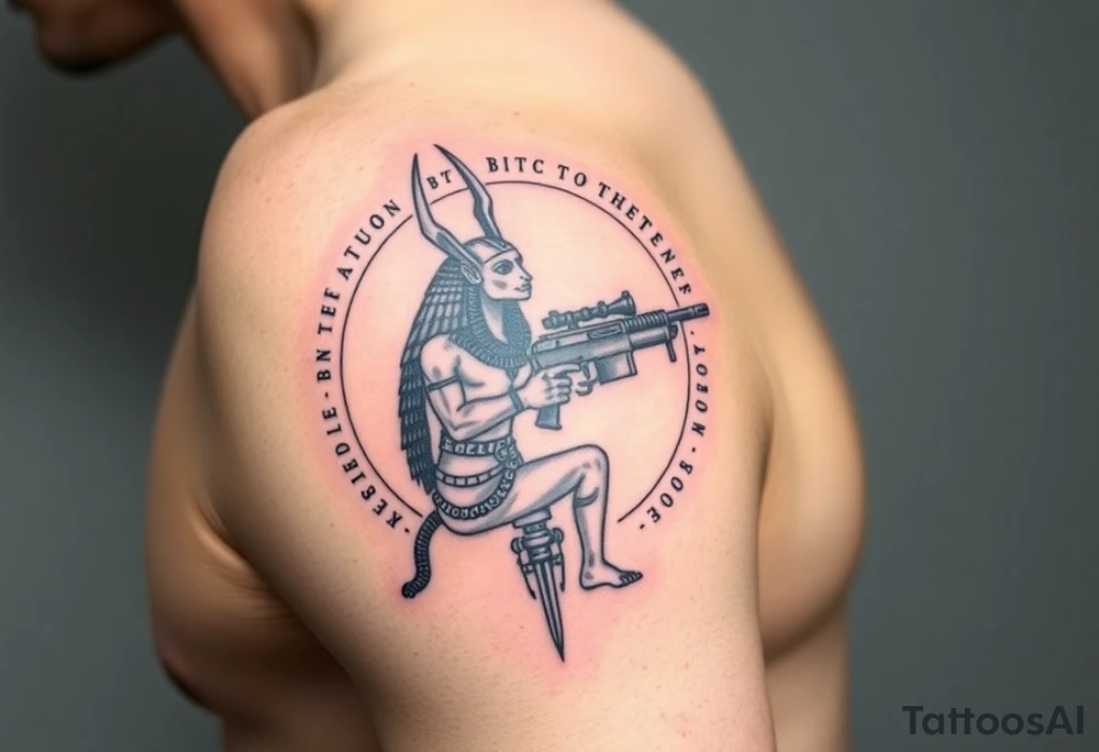 "Anubis in a ufo, holding a tommy gun. . Hieroglyph background spells 'BTC TO THE MOON'.  

Style: Art Deco meets cyber-Egyptian. Black/red/gold ink. Forearm sleeve." tattoo idea