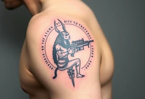 "Anubis in a ufo, holding a tommy gun. . Hieroglyph background spells 'BTC TO THE MOON'.  

Style: Art Deco meets cyber-Egyptian. Black/red/gold ink. Forearm sleeve." tattoo idea