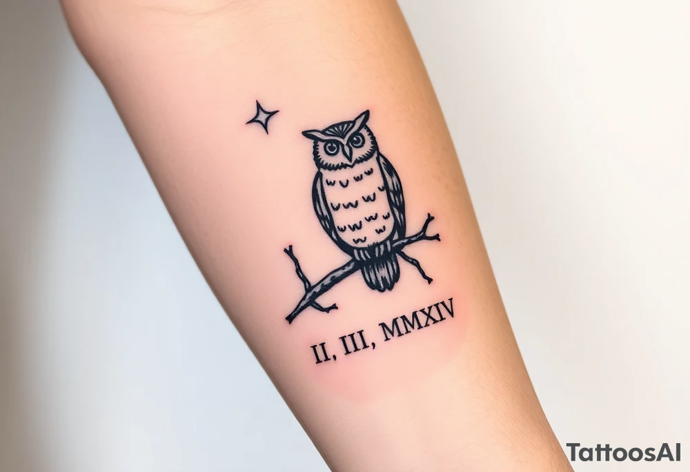 wise owl perched on ancient oak branch under starlit sky with “ VIII.III.MMXIV” underneath in Roman style font tattoo idea