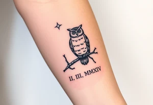 wise owl perched on ancient oak branch under starlit sky with “ VIII.III.MMXIV” underneath in Roman style font tattoo idea