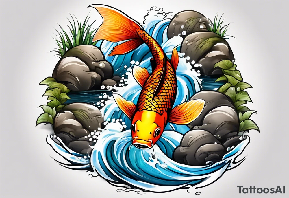 Koi swimming up a stream that leads to a waterfall tattoo idea