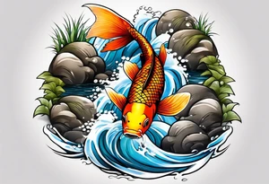 Koi swimming up a stream that leads to a waterfall tattoo idea