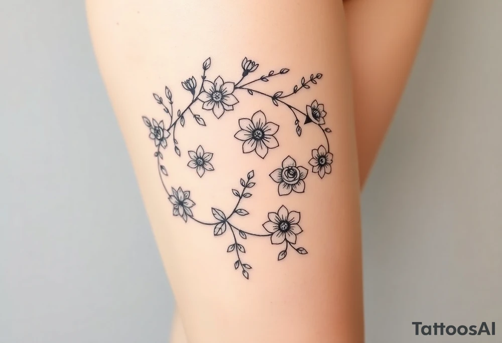 Vine with flowers: daffodil,
Lily, chrysanthemum, rose, aster, narcissus tattoo idea